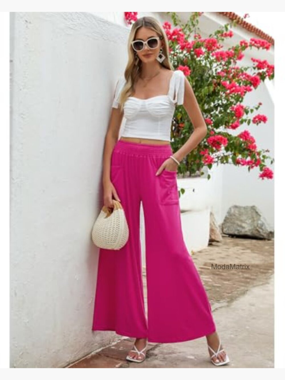 Wide Leg Palazzo Pants High Waisted Smocked Elastic Waist Bell Bottom Baggy - Picture 5 of 7